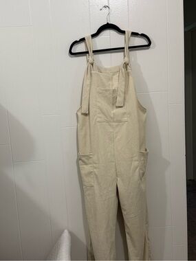 Cream Tie-Strap Corduroy Overalls